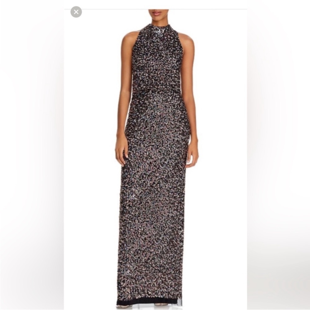NWT Adrianna Papell Black sequin beaded halter blouson gown size 10.